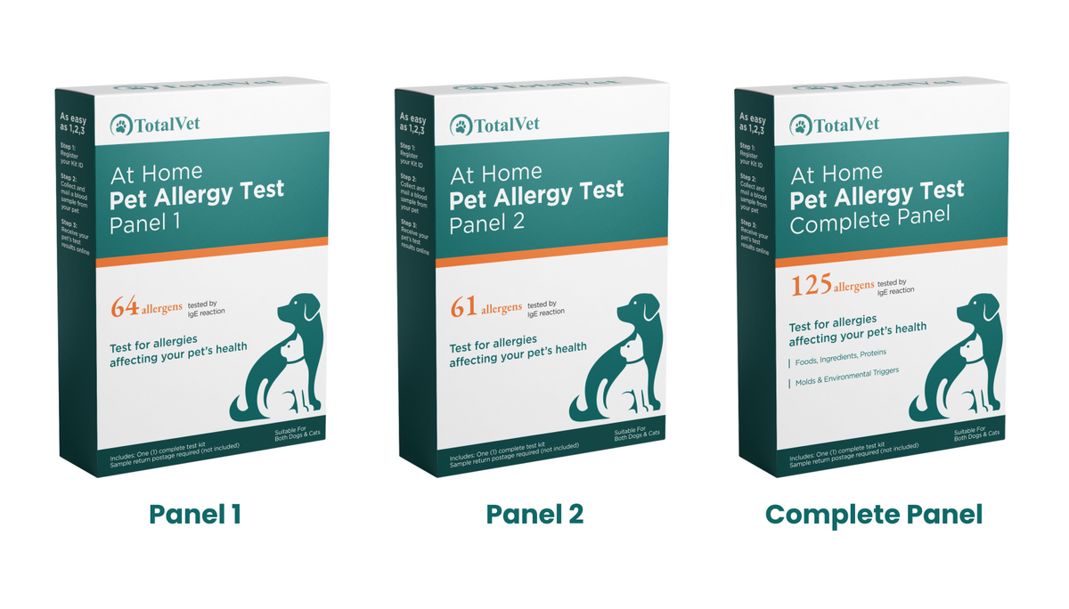 TotalVet dog allergy test kit in three panel sizes, front of packaging