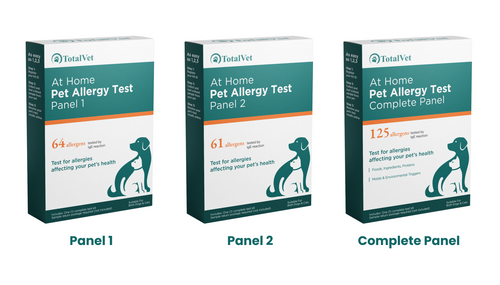 TotalVet dog allergy test kit in three panel sizes, front of packaging
