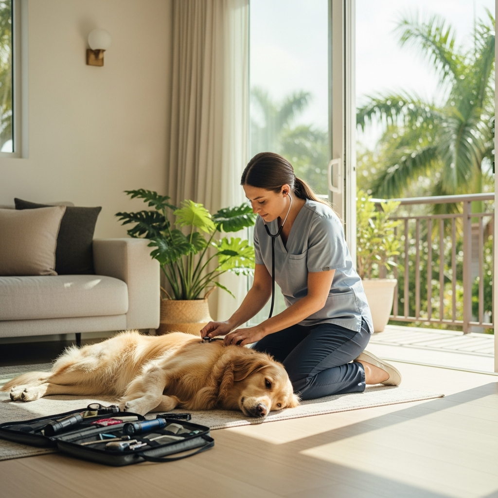 Mobile veterinarian examining a dog at home in Miami