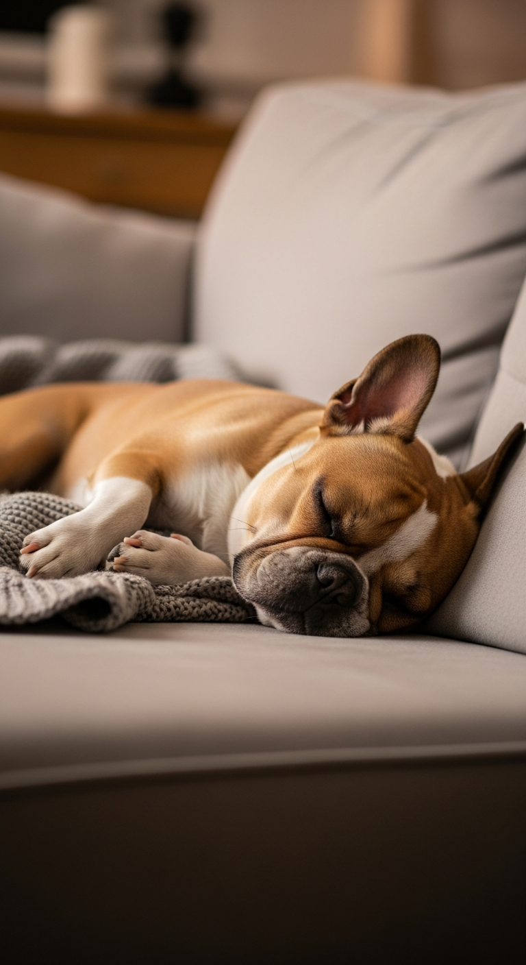 French bulldog sleeping peacefully on a couch in Coral Gables after a stress-free veterinary exam