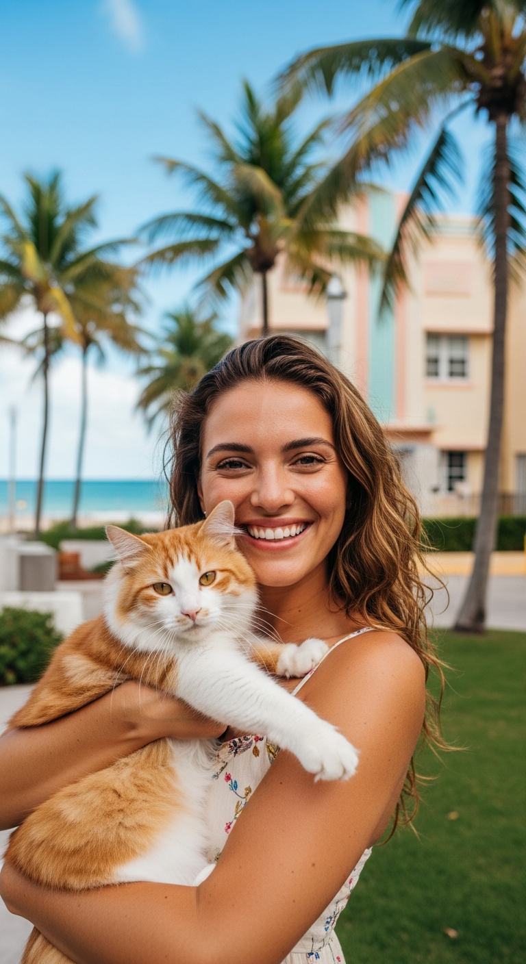 Happy cat owner Jessica holding her cat Luna in her Brickell apartment after a home vet visit