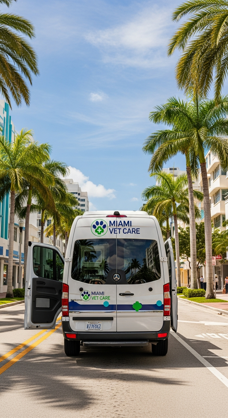 TotalVet mobile veterinary clinic van parked on a palm tree lined street in Miami