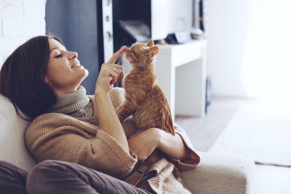 girl sitting on a couch playing with a kitten