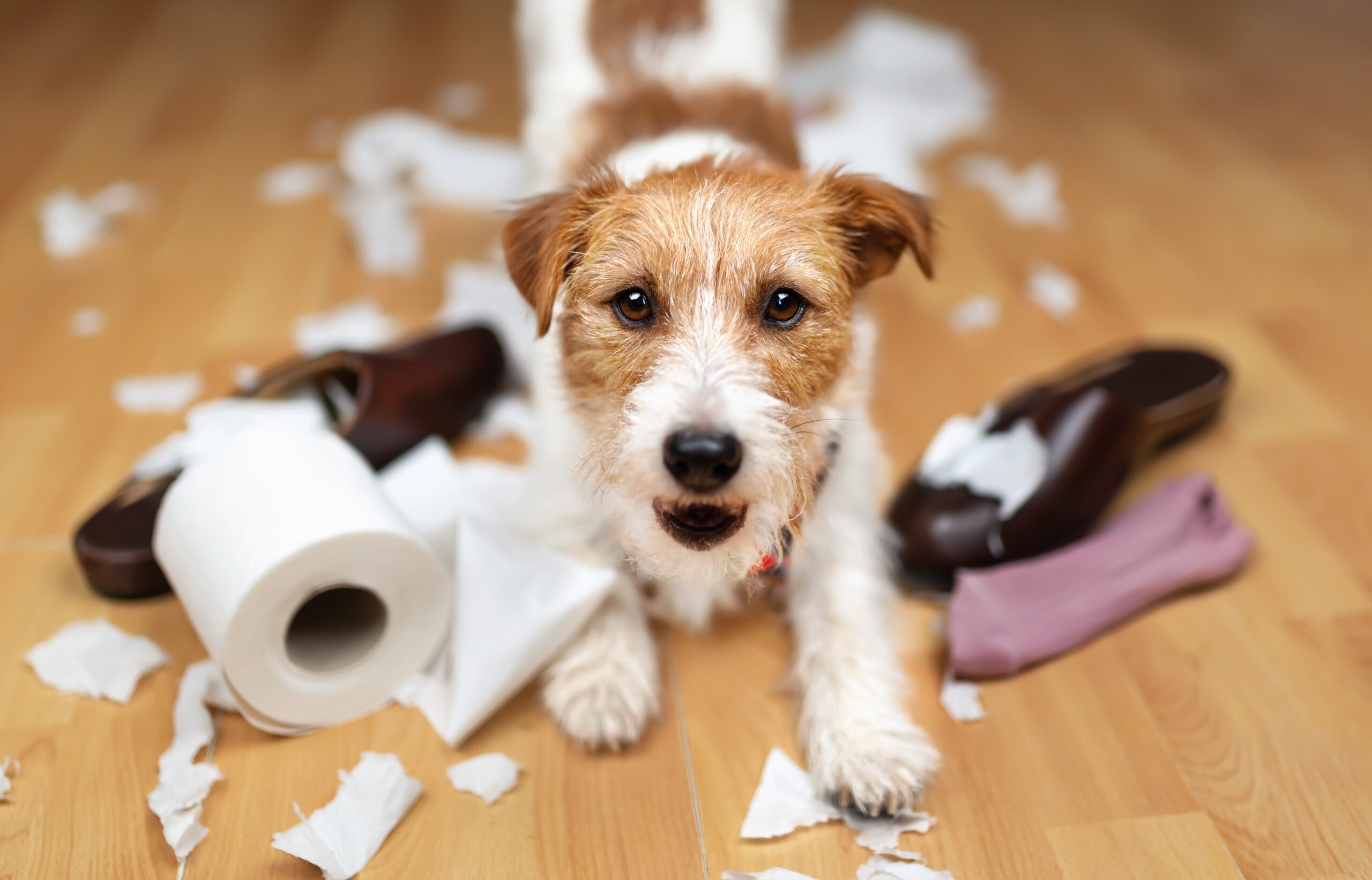 Anxiety in dogs, manifesting in dog's erratic behavior. A small-sized dog among pieces of toilet paper on the floor, and a shoe